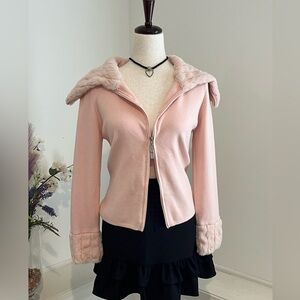 VTG CABO Y2K 2 Zip Barbie Pink Rabbit Fur Cardigan Sweater